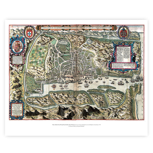 Reprodução em impressão giclée do mapa histórico de Goa de 1595 por Jan Huyghen van Linschoten, mostrando a ilha e a cidade metropolitana com ilustrações detalhadas de caravelas e galeões.