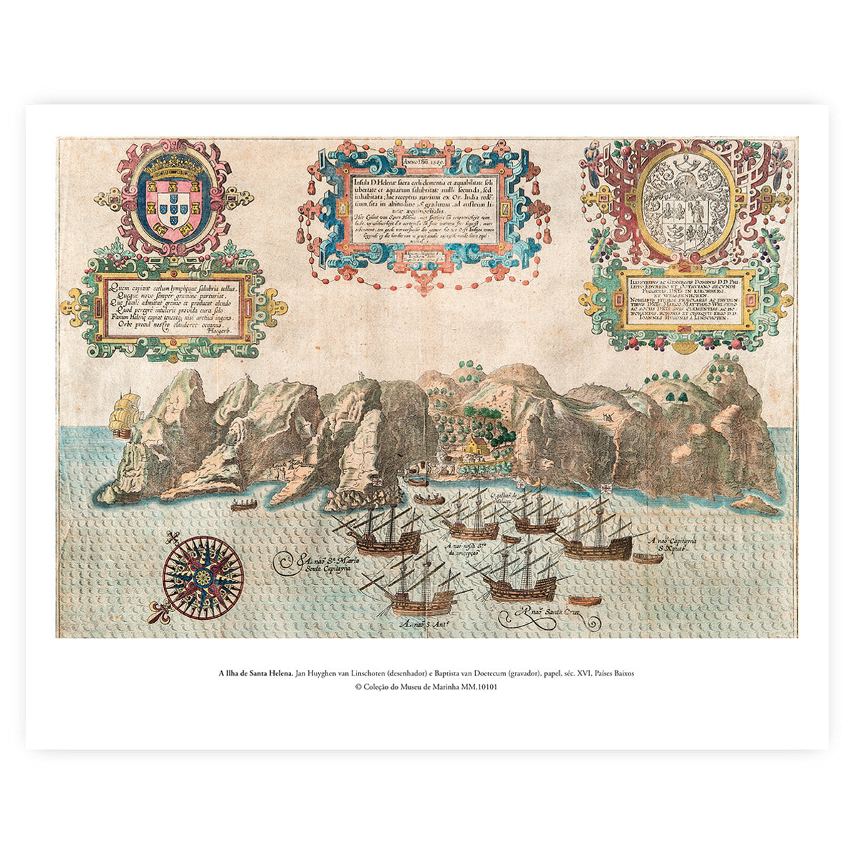 Reprodução oficial do mapa histórico do século dezasseis da Ilha de Santa Helena por Jan Huyghen van Linschoten, exibindo detalhes da topografia insular e ilustrações marítimas da época.