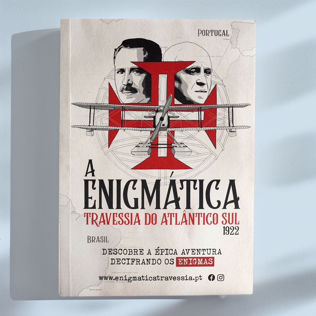 Capa do livro A Enigmática Travessia do Atlântico Sul 1922, mostrando os rostos de Gago Coutinho e Sacadura Cabral e uma ilustração do hidroavião sobre fundo bege.