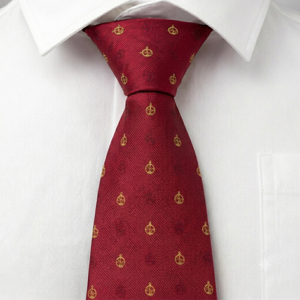 gravata vermelha com padrão de astrolábio em dourado em 100% seda italiana