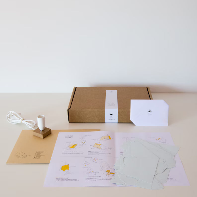 caixa do kit para candeeiro decorativo de papel em formato de baleia cachalote com design geométrico moderno. Inclui as instruções e partes para montar. 